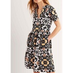 BODEN Easy Notch Neck Jersey Dress Women’s 16-18 Black White Floral Opulent Pome
